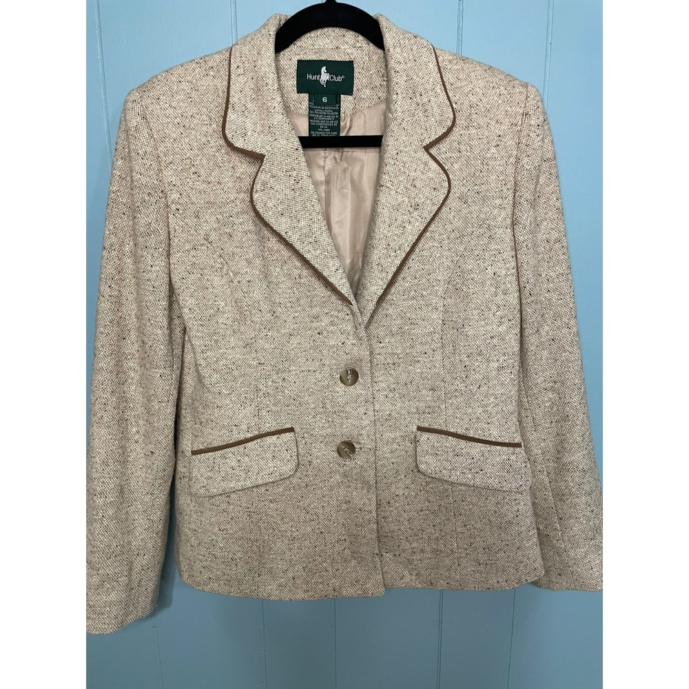 Vintage Hunt Club Women's Tweed Blazer Jacket Brown Trim Single‎ Breasted Size 6